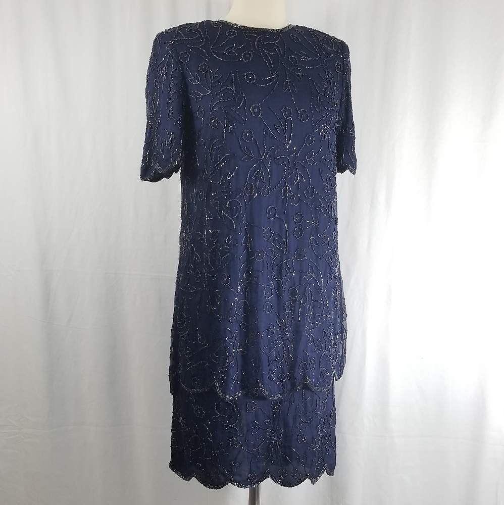 JMD Vintage Royal Blue Silk Beaded Dress  Sz S